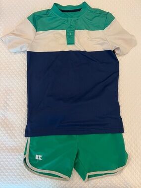 Kids Green & Navy Colorblock Matching Set - Athletic Tee & Shorts